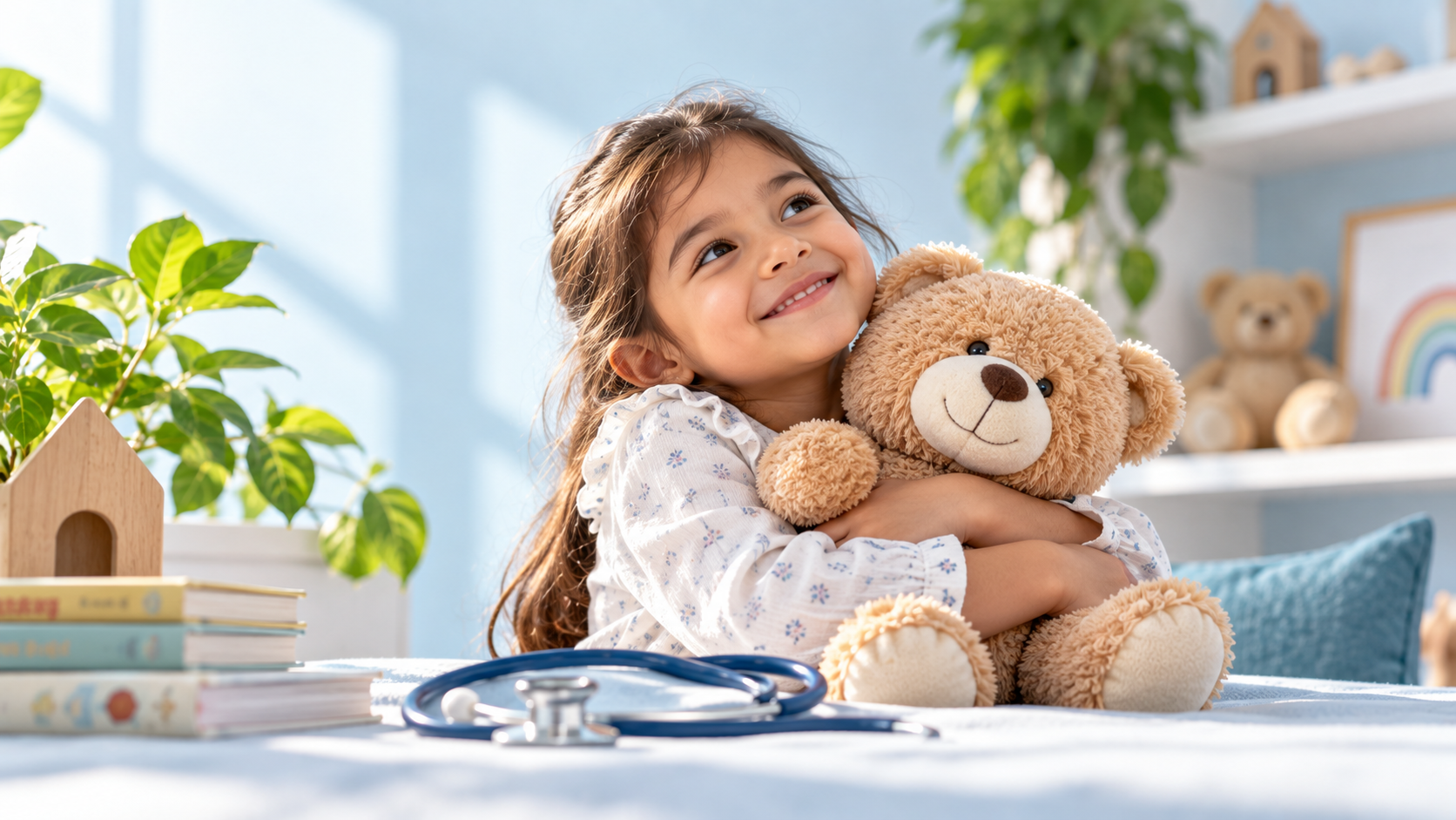 child’s comfort with teddy and stethoscope