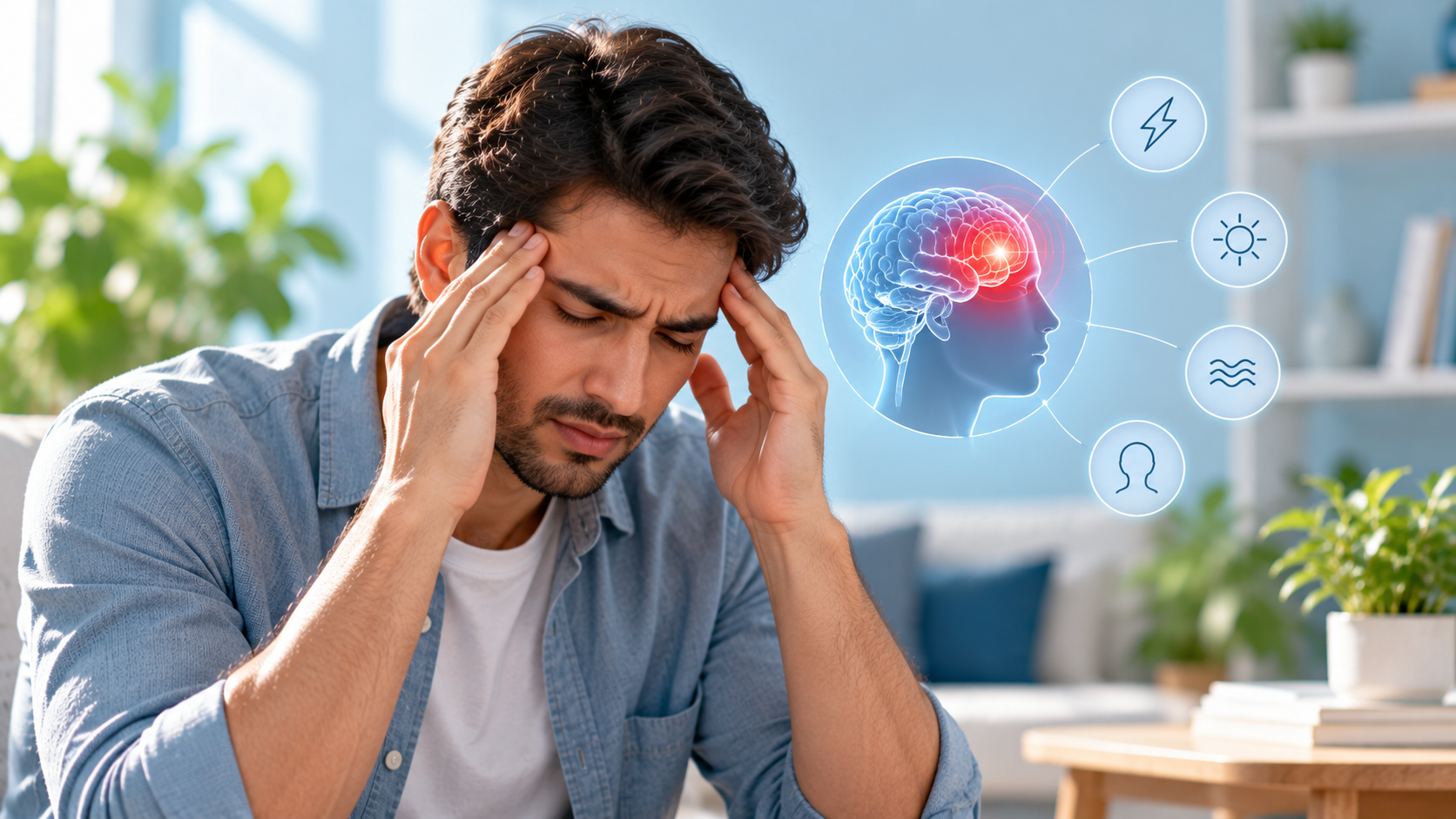 man experiencing migraine with brain pain graphic
